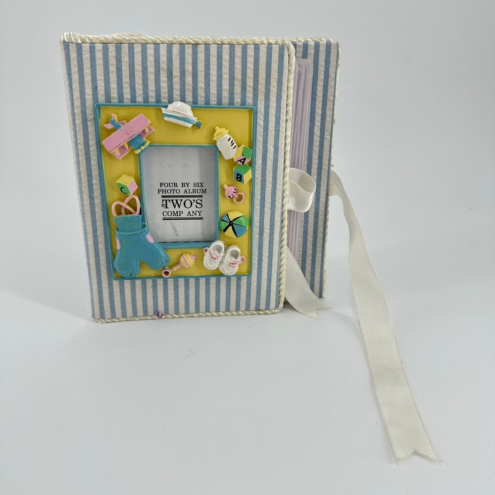 Two's Company Blue Striped Baby Photo Album 4x6 Ribbon Tie 3D Resin Frame